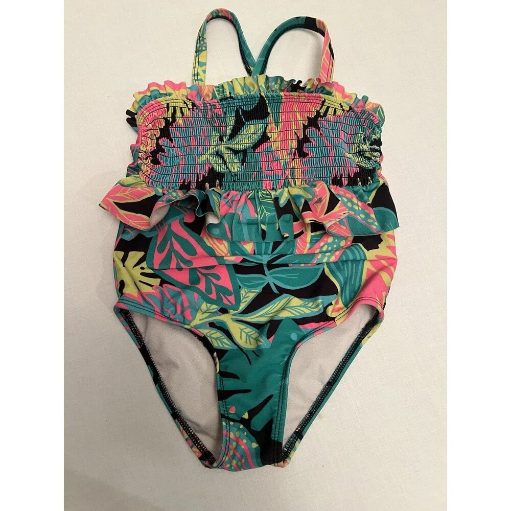 Cat & Jack Girls 3T Tropical Floral Ruffle One-Piece Swimsuit, Multicolor
